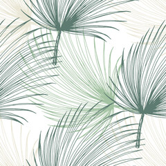 Vector seamless pattern with palm leaves. Hand drawn tropical repeat ornament of blossoms in sketch style. Usable for wrapping paper, covers, textile.
