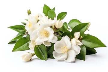 Naklejka na ściany i meble Jasmine flower bouquet with leaves isolated on white. Generative AI