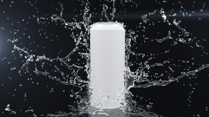 Closeup Slow motion Water splash from back Can Product object isolate on black background. 3D animation. - Powered by Adobe