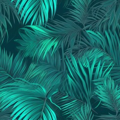 sensible organize checking dumbfounding turquoise and green tropical takes off with palms . Seamless pattern, AI Generated