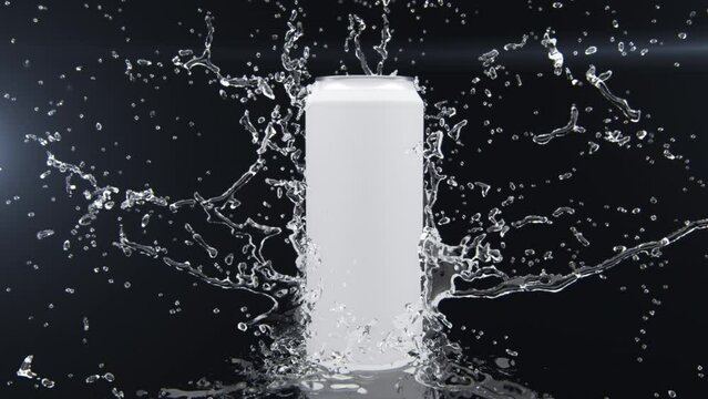 Closeup Slow motion Water splash from back Can Product object isolate on black background. 3D animation.
