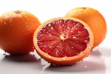 Red oranges with water drops on white background. Generative AI - obrazy, fototapety, plakaty