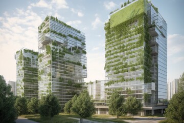 Urban sustainability. Insulation and nearby forest reduce heat and emissions in glass buildings. Generative AI