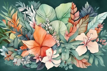 Tropical leaves and flowers hand-painted illustration. Generative AI
