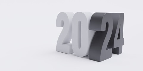 2024 Happy New Year, grey and black number digit isolated on white background. Copy space. 3d render