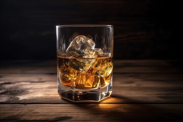 Whiskey with ice on wooden table. Generative AI