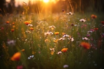 Wildflowers in sunset light, blooming spring meadow. Generative AI