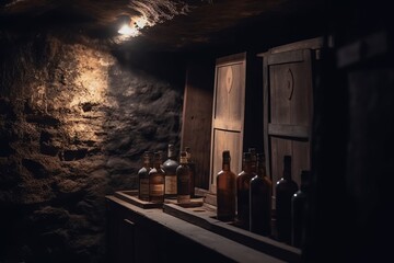 Wine bottles in old cellar with whiskey in storage. Generative AI