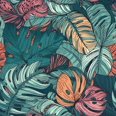 orchestrate of a tropical work of craftsmanship, with multicolored hand drawn components and inquisitively establishment . Seamless pattern, AI Generated
