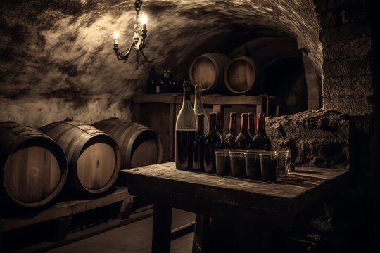 Wine in old cellar. Generative AI