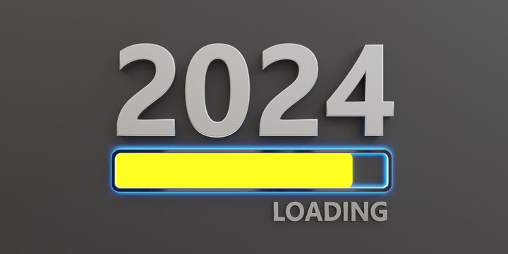 2024 New Year loading bar with yellow color sign on grey background. 3d render