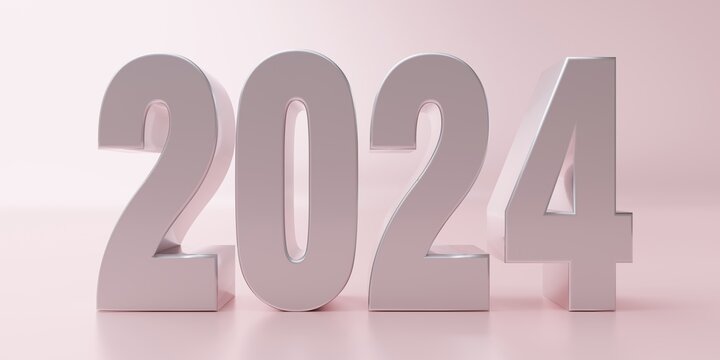 2024 Happy New Year greeting card template. Purple color number digit on pink background. 3d render