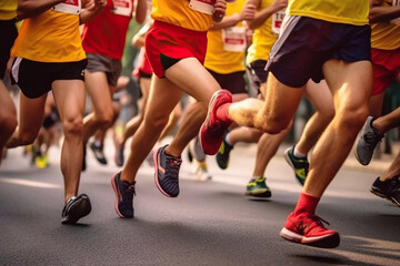 Close-up of a Group of Men Runners Legs in a Road Race Wearing Yellow or Red, Generative AI - 593577203