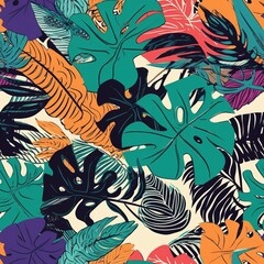 Fototapeta na wymiar organize of a tropical work of craftsmanship, with multicolored hand drawn components and curiously foundation . Seamless pattern, AI Generated
