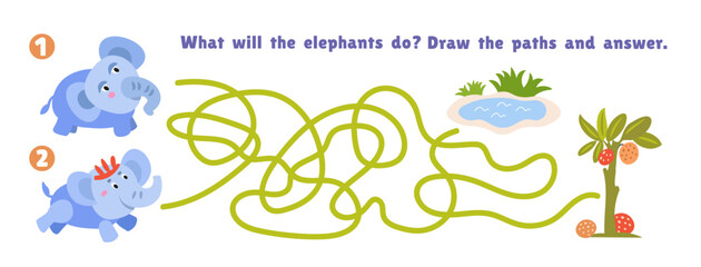 Maze game, activity for kids. Vector illustration. Cute animals in jungle. Help elephants find their way. Draw and play. Puzzle for children.