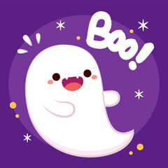 Happy halloween party greeting card with cute ghost. Holidays cartoon character. Trick or treat. Halloween funny cartoon. Boo! banner.