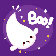 Happy halloween party greeting card with cute ghost. Holidays cartoon character. Trick or treat. Halloween funny cartoon. Boo! banner.