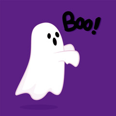 Happy halloween party greeting card with cute ghost. Holidays cartoon character. Trick or treat. Halloween funny cartoon. Boo! banner.