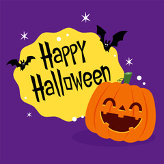 Happy halloween greeting card with cute pumpkin. Holidays cartoon character. Halloween pumpkin head vector.