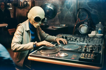 Dj Alien on board, vintage style illustration, 70s retrofuturism illustration, Generative AI