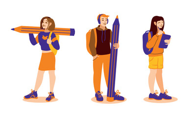 Students with a pencil in hand. Illustration on flat style. Vector.