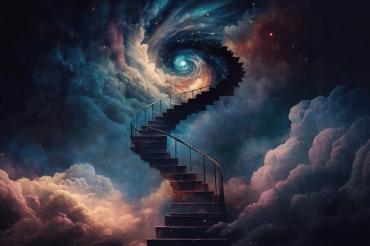 Magical stair up to night sky full of stars. superlative generative AI image.