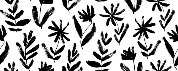 Floral seamless pattern with wild plants. Brush drawn simple abstract flowers. Botanical ornament with dry brush texture. Black and white artistic botanical wallpaper. Chamomile, daisy, chrysanthemums