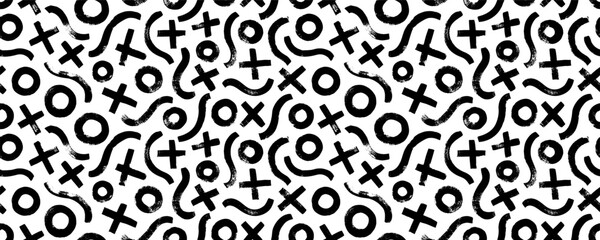 Various lines, circles and crosses seamless pattern. Wavy brush strokes. Geometric vector ornament. Hand drawn modern texture with messy doodles. Chaotic decorative pattern.