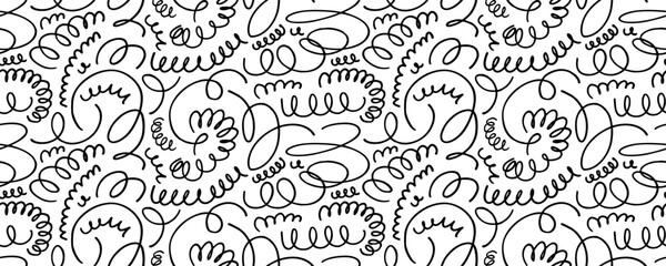 Hand drawn doodle seamless pattern. Tiny curved lines and swirles. Hand drawn swashes, swooshes and curls. Decorative whimsical lines in childish style. Modern abstract background. Abstract squiggles.