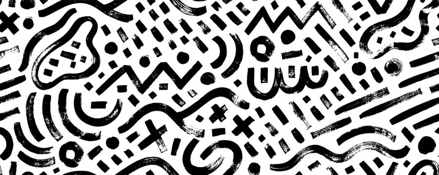 Geometric doodle seamless pattern with different brush strokes. Hand drawn contemporary geometric background. Chaotic ink brush scribbles decorative texture. curved lines, dots and crosses. 