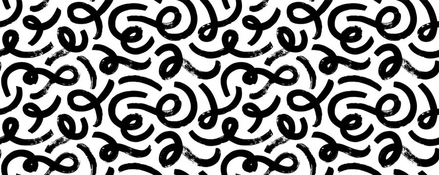 Doodle bold lines seamless pattern. Brush drawn loop lines, swashes and curved strokes. Abstract wallpaper design, textile print. Vector monochrome organic ornament. Modern stylish texture with swirls
