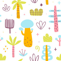 Stylized scandinavian pattern with colorful plants. Seamless vector print with abstract trees for baby textile.