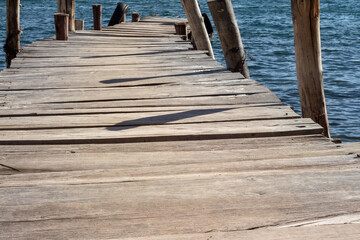 Wooden pontoon on the shore of Lake Titicaca, Copacabana, Bolivia.