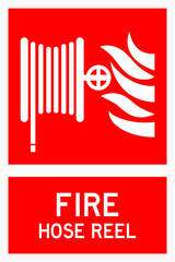 isolated fire hose reel, safety symbols on red rectangle board notification sign for pictograms, icon, label, logo or package industry etc. flat style vector design.