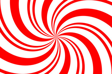 Red and white spiral background. Candy cane colors whirl backdrop. Abstract striped vintage pattern. Pop art whirlpool. Twisted backdrop. Swirl lollipop hypnotic rotation effect. Vector illustration. 
