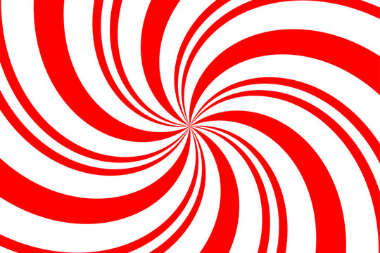 Red and white spiral background. Candy cane colors whirl backdrop. Abstract striped vintage pattern. Pop art whirlpool. Twisted backdrop. Swirl lollipop hypnotic rotation effect. Vector illustration. 