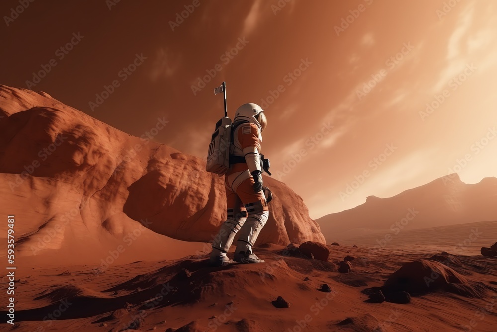 Wall mural astronaut on big cat in mars landscape. generative ai
