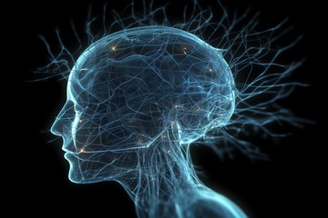Glowing Neurons in Human Head. Generative AI
