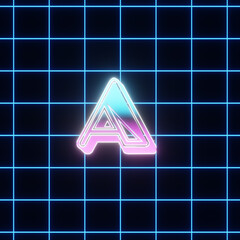 Retro Eighties style alphabet. Letter A reflecting Neon colored light against black background with light emitting neon wireframe.
