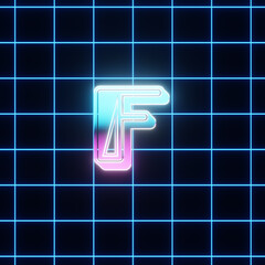 Retro Eighties style alphabet. Letter F reflecting Neon colored light against black background with light emitting neon wireframe.