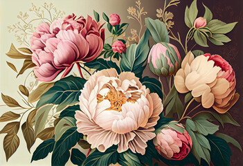 Colorful peonies flowers, floral background. Generative AI