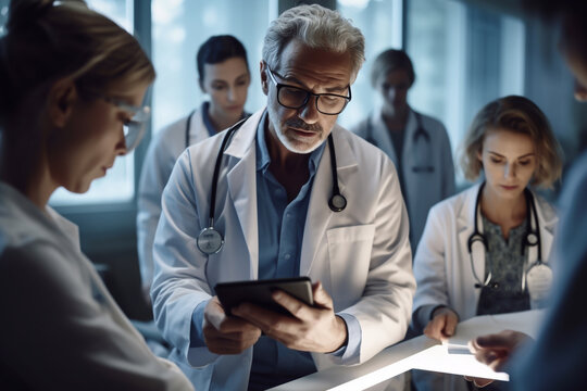 The image features a doctor reviewing a patient's electronic health records on a tablet while consulting with other medical professionals - ai generative