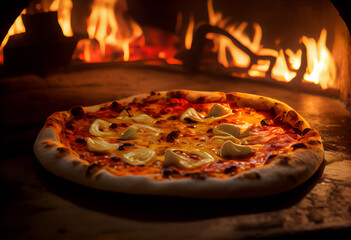 Pizza with melted cheese made in wood fired oven at restaurant, close up view. Generative AI