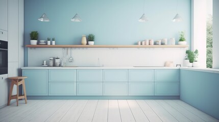Fototapeta na wymiar Large Kitchen in blue pastel colors. Minimalist modern interior design for mockup. Generative AI.