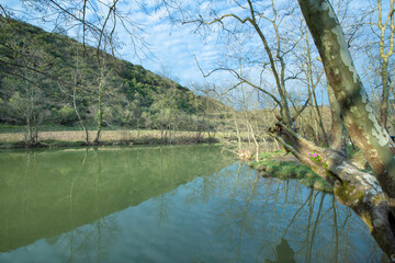 Hacilli creek running through the forest.Waterfall. Long exposure waterfall photo. Stream. Long exposure.Long exposure photo of smooth waterfall flowing through steps.Hacilli waterfall. T&uuml;rkiye.
