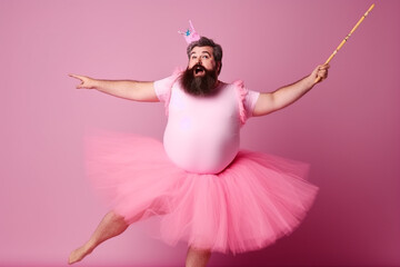 Funny man with big belly in fairy ballerina dress. Generative ai. - obrazy, fototapety, plakaty