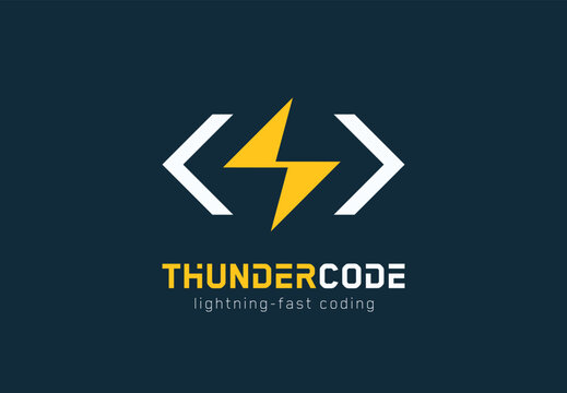 Thunder code logo. Fast coding logotype idea. Program development, computer technology concept. flash abstract brand for business company. Bolt in brackets design element. Vector line icon