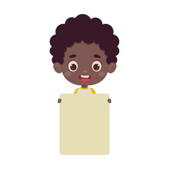 Cute little kid boy holding empty blank board. Cartoon child character. Vector illustration