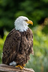 Fototapeta premium Vertical closeup of a bald eagle perched on a branch on blur background