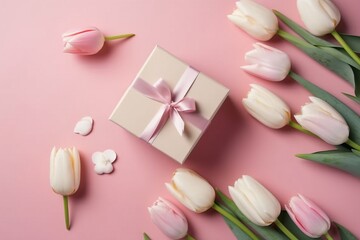 Obraz na płótnie Canvas Birthday, valentines, wedding, mothers day. Tulips, present box. Festive. Copy space. Top view concept. Pink and blue. 